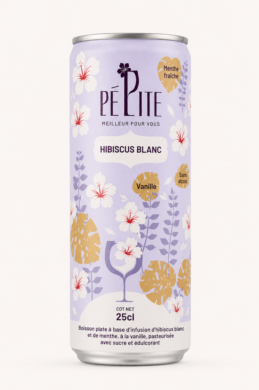 Packshot de la canette Pépite Hibiscus Blanc 25 cl sur fond ivoire