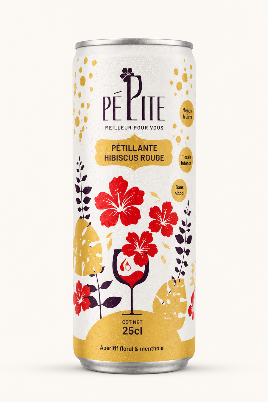 Packshot de la canette Pépite Hibiscus Rouge pétillante 25 cl sur fond ivoire