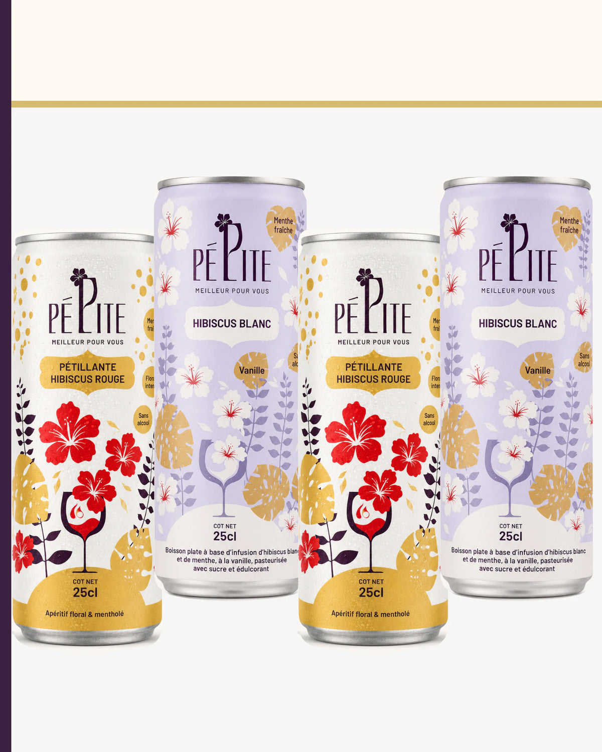 Quatre canettes Pépite : deux Hibiscus Rouge pétillant et deux Hibiscus Blanc plat.